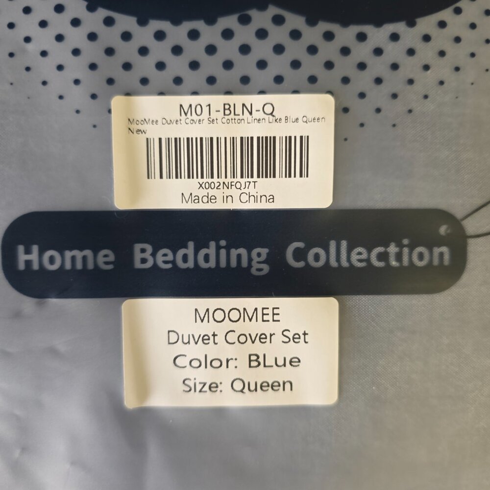 MooMee Queen Duvet Cover Set Blue 100% Washed Cotton Breathable Bedding NEW - Picture 2 of 2